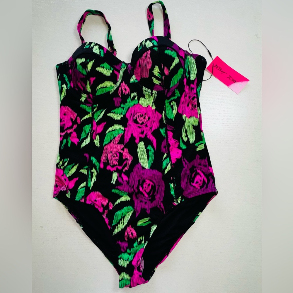 Betsey Johnson One-Piece Swimsuit with Hot Pink & Lime Floral Print MSRP-$128